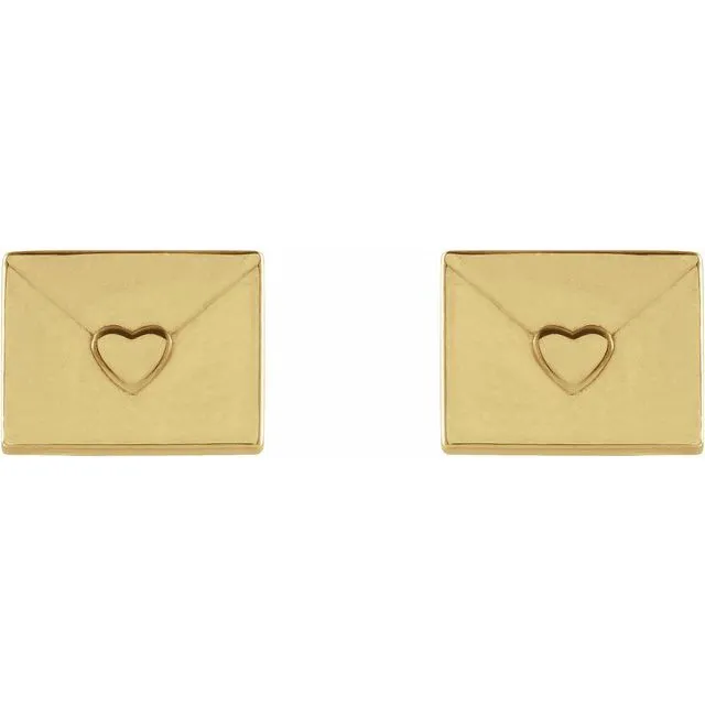 14K Yellow Gold Heart Envelope Earrings