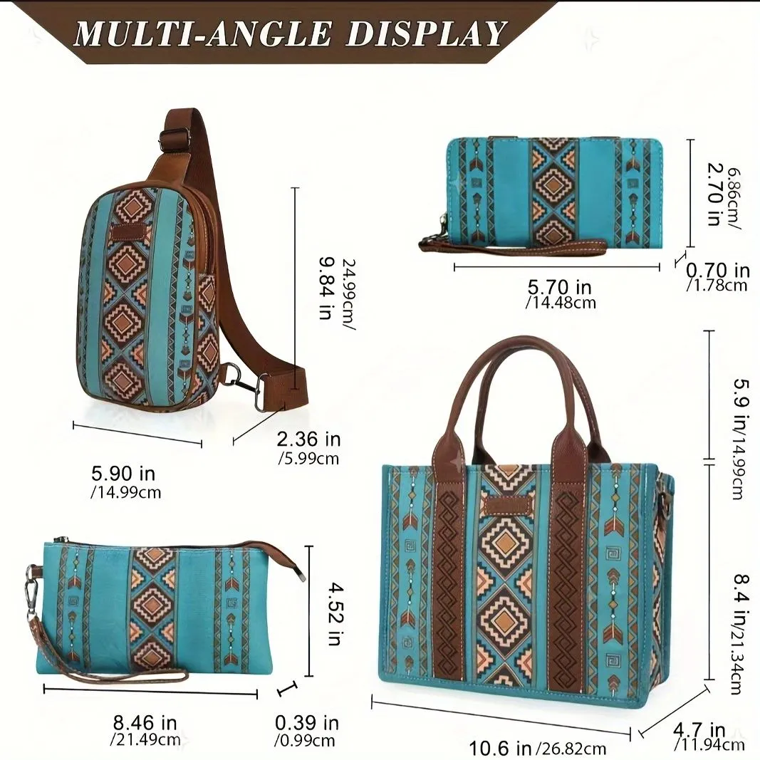 4Pcs women's purse Tote, retro work satchel lightweight, Boho chic tote everyday green