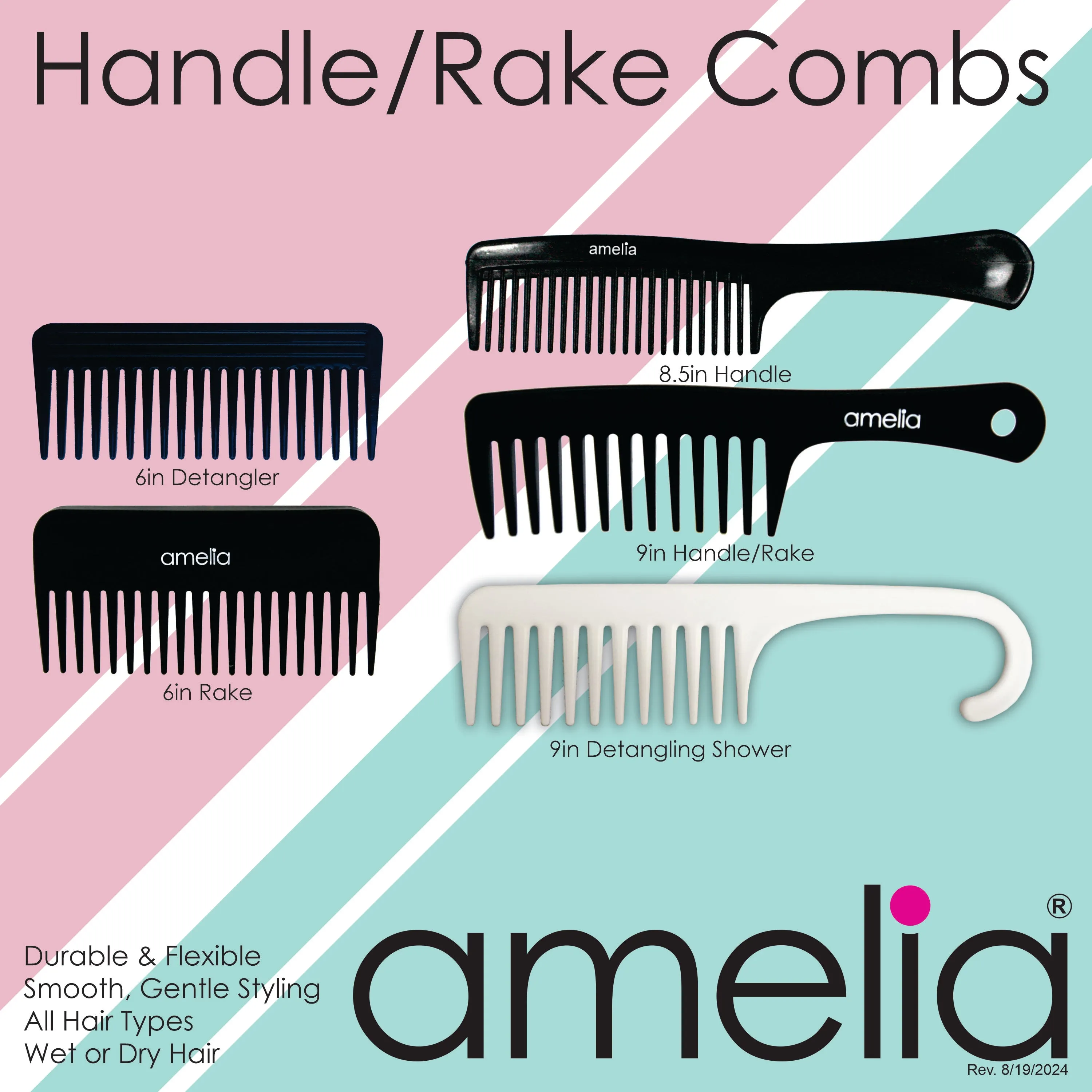 Amelia Beauty, 6in Black Plastic Wide Tooth Detangling Rake Comb, Made in USA, Professional Grade Comb,  Portable Salon Barber Shop Black Everyday Styling Rake Comb Hair Styling Tool, 6"x2.25", 2 Pack