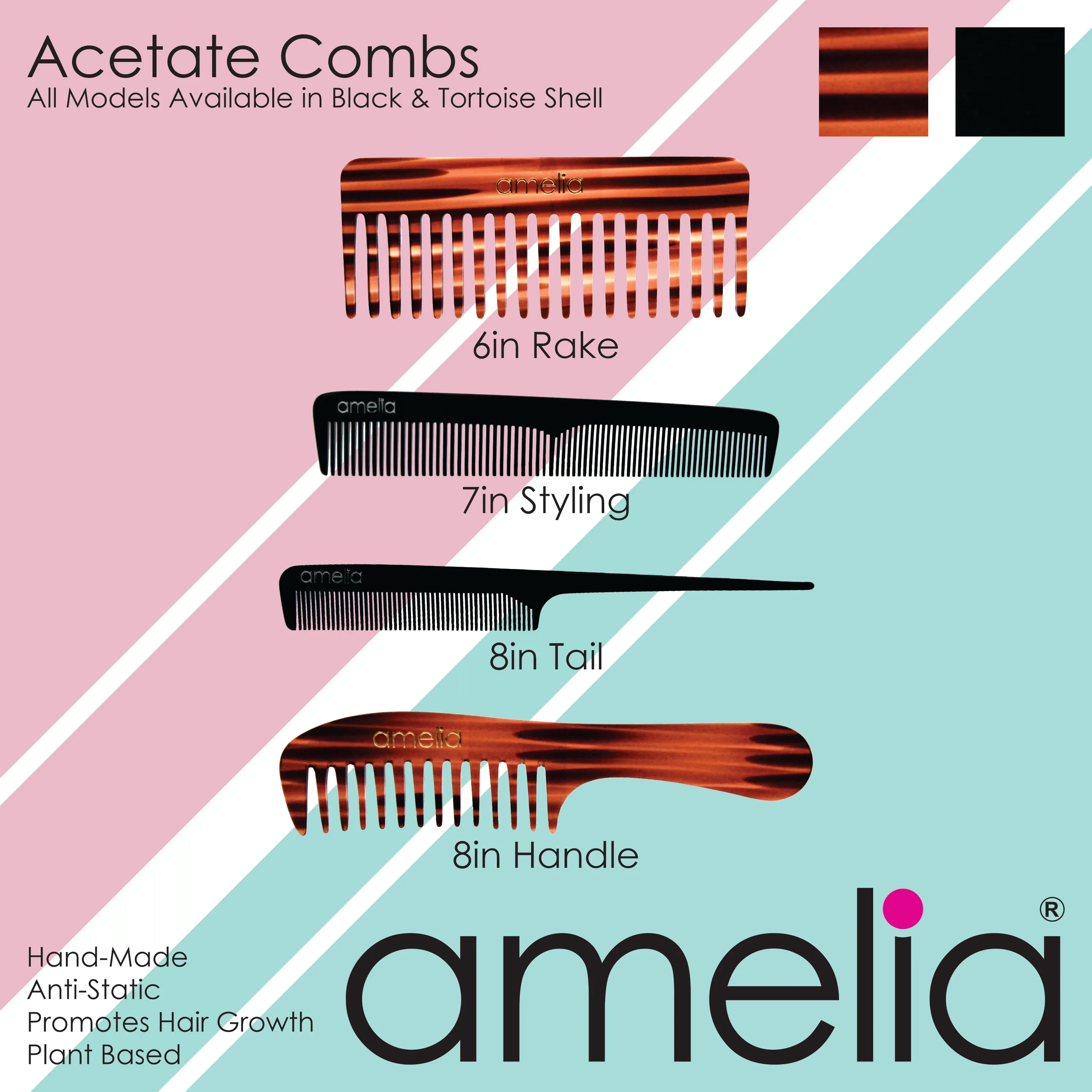 Amelia Beauty Cellulose Acetate 7in Styling Comb, Handmade, Smooth Edges, Eco-Friendly Plant Based Material, Fine and Course Teeth - Black Color