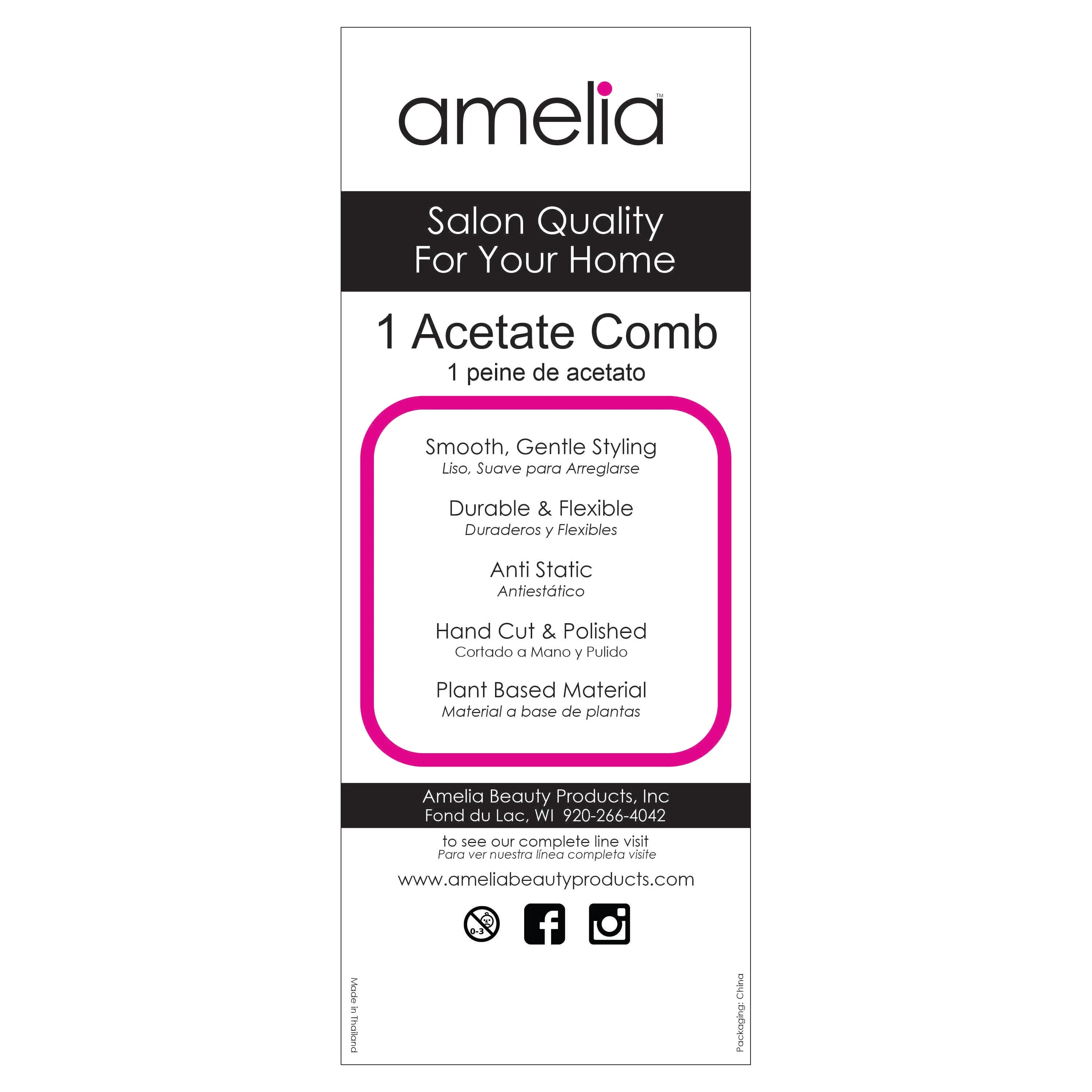 Amelia Beauty Cellulose Acetate 7in Styling Comb, Handmade, Smooth Edges, Eco-Friendly Plant Based Material, Fine and Course Teeth - Black Color