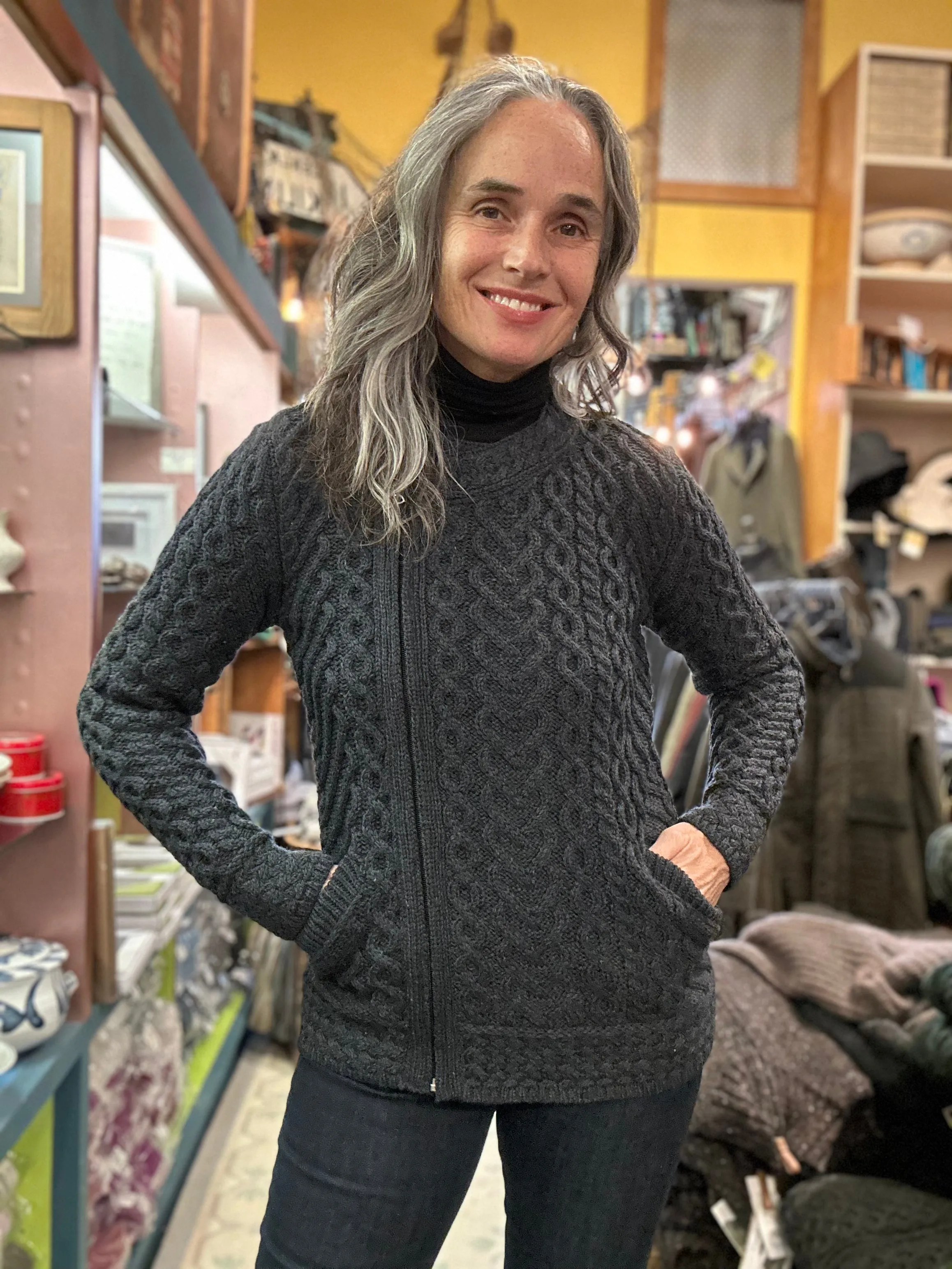 Aran Cable Knit Super Soft Side Zip Short Coat Sweater