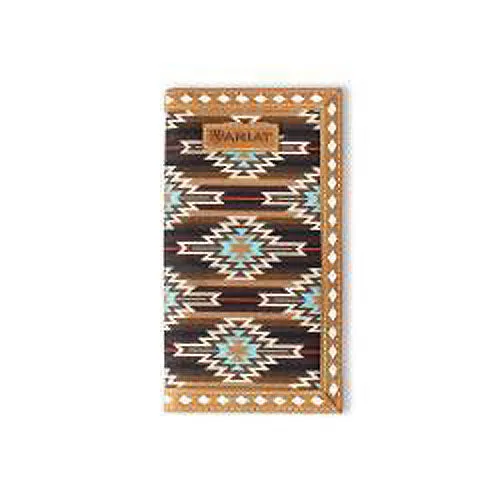 Ariat Brown Leather Rodeo Wallet with Multi Colored Southwest Pattern Fabric Front