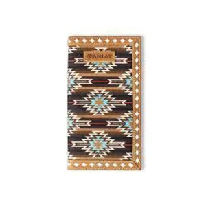 Ariat Brown Leather Rodeo Wallet with Multi Colored Southwest Pattern Fabric Front