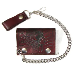 AT304-125  Antique Finish Tri-Fold Wallet w/ Chain- Indian Chief w/ Flag