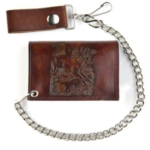 AT322-195  Antique Finish Tri-Fold Wallet w/ Chain- Deer