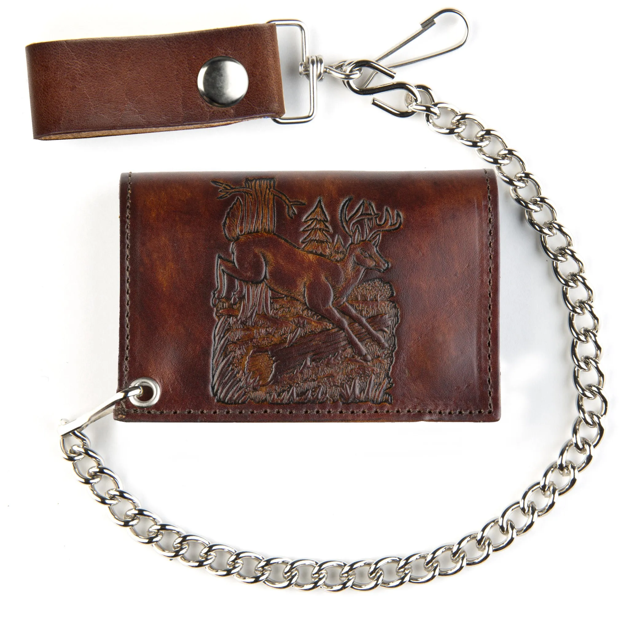 AT322-195  Antique Finish Tri-Fold Wallet w/ Chain- Deer
