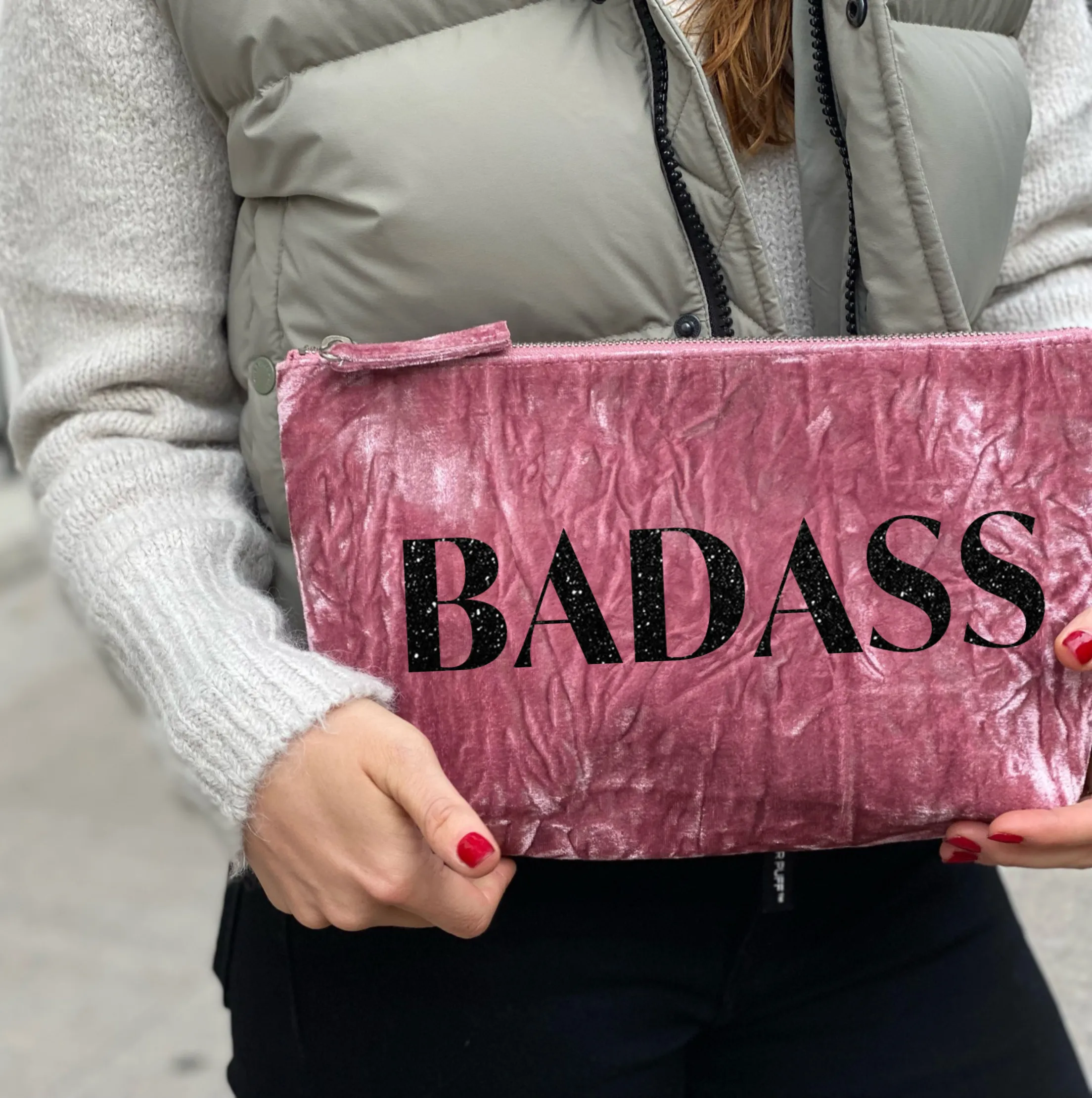 BADASS Clutch Bag- Black Glitter on Petal Pink Velvet
