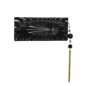 Black Hand Carved Resin Long Rectangular Clutch