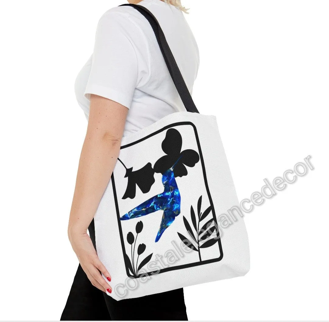 Blue Hummingbird with Modern Black Flowers Tote Bag 2 sizes
