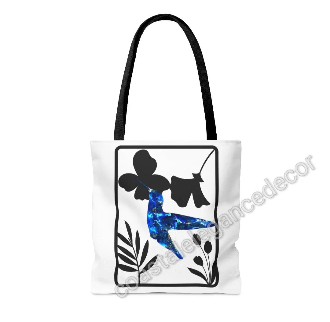 Blue Hummingbird with Modern Black Flowers Tote Bag 2 sizes