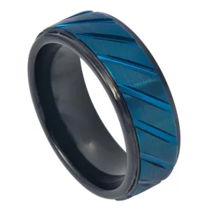 Blue IP Plated Diagonally Grooved Finish Center & Black IP Inner - 8mm