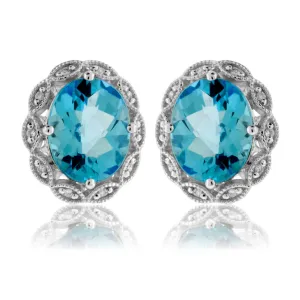 Blue Topaz Oval & Diamond Scalloped Halo Earrings