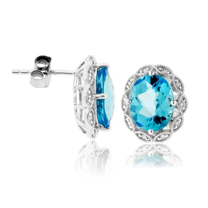 Blue Topaz Oval & Diamond Scalloped Halo Earrings