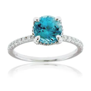 Blue Zircon Modern Halo and Diamond Accented Ring