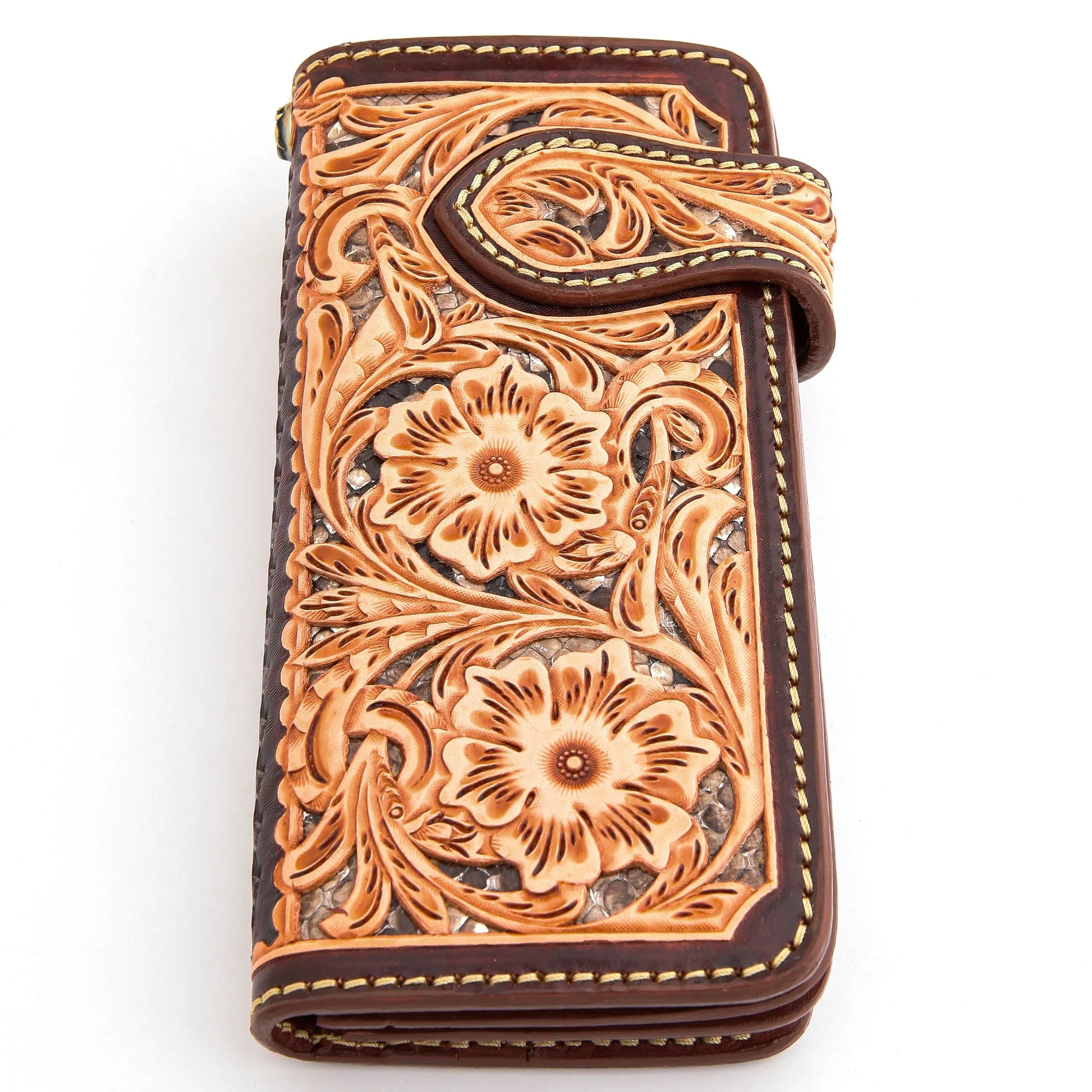 Brown Floral Star Western Cowboy Genuine Leather Biker Wallet