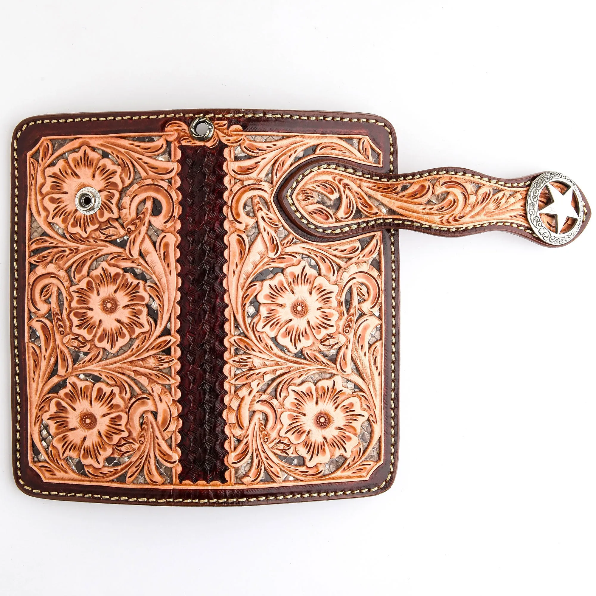 Brown Floral Star Western Cowboy Genuine Leather Biker Wallet