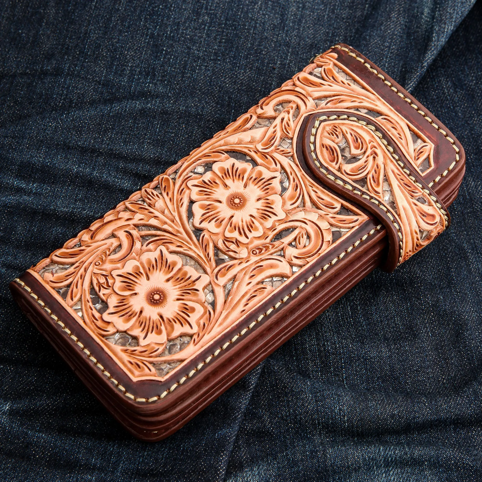Brown Floral Star Western Cowboy Genuine Leather Biker Wallet