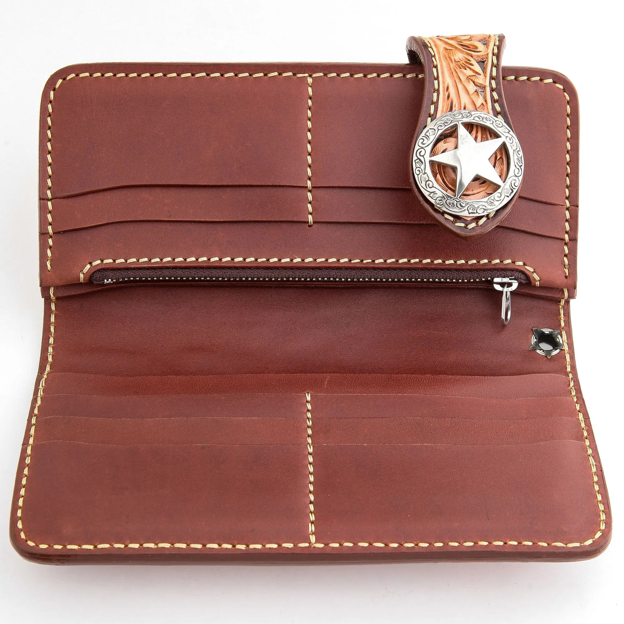 Brown Floral Star Western Cowboy Genuine Leather Biker Wallet