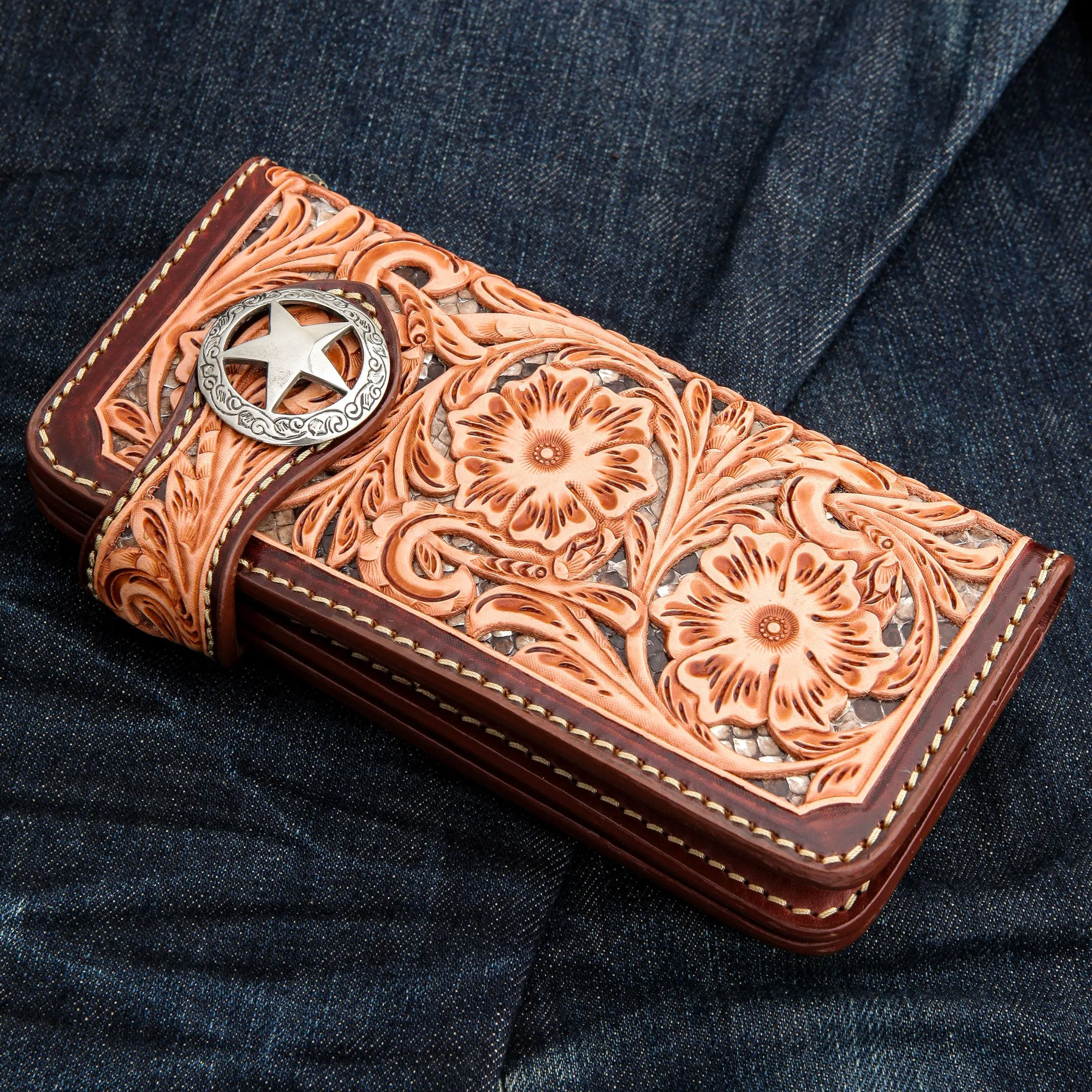 Brown Floral Star Western Cowboy Genuine Leather Biker Wallet