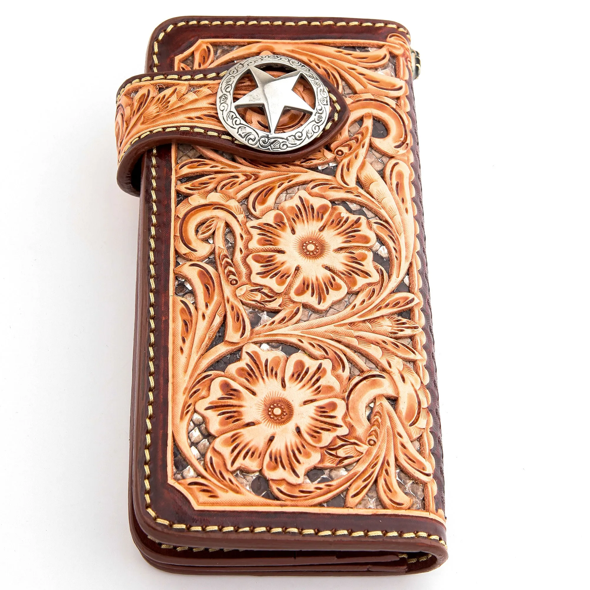 Brown Floral Star Western Cowboy Genuine Leather Biker Wallet