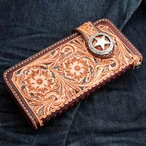 Brown Floral Star Western Cowboy Genuine Leather Biker Wallet