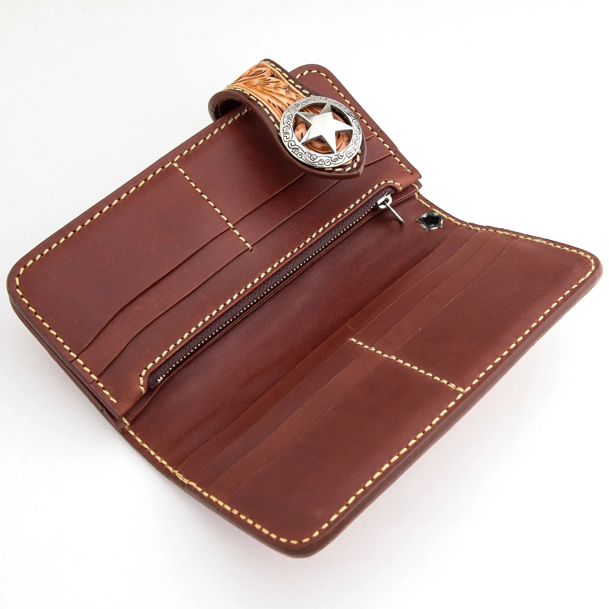 Brown Floral Star Western Cowboy Genuine Leather Biker Wallet