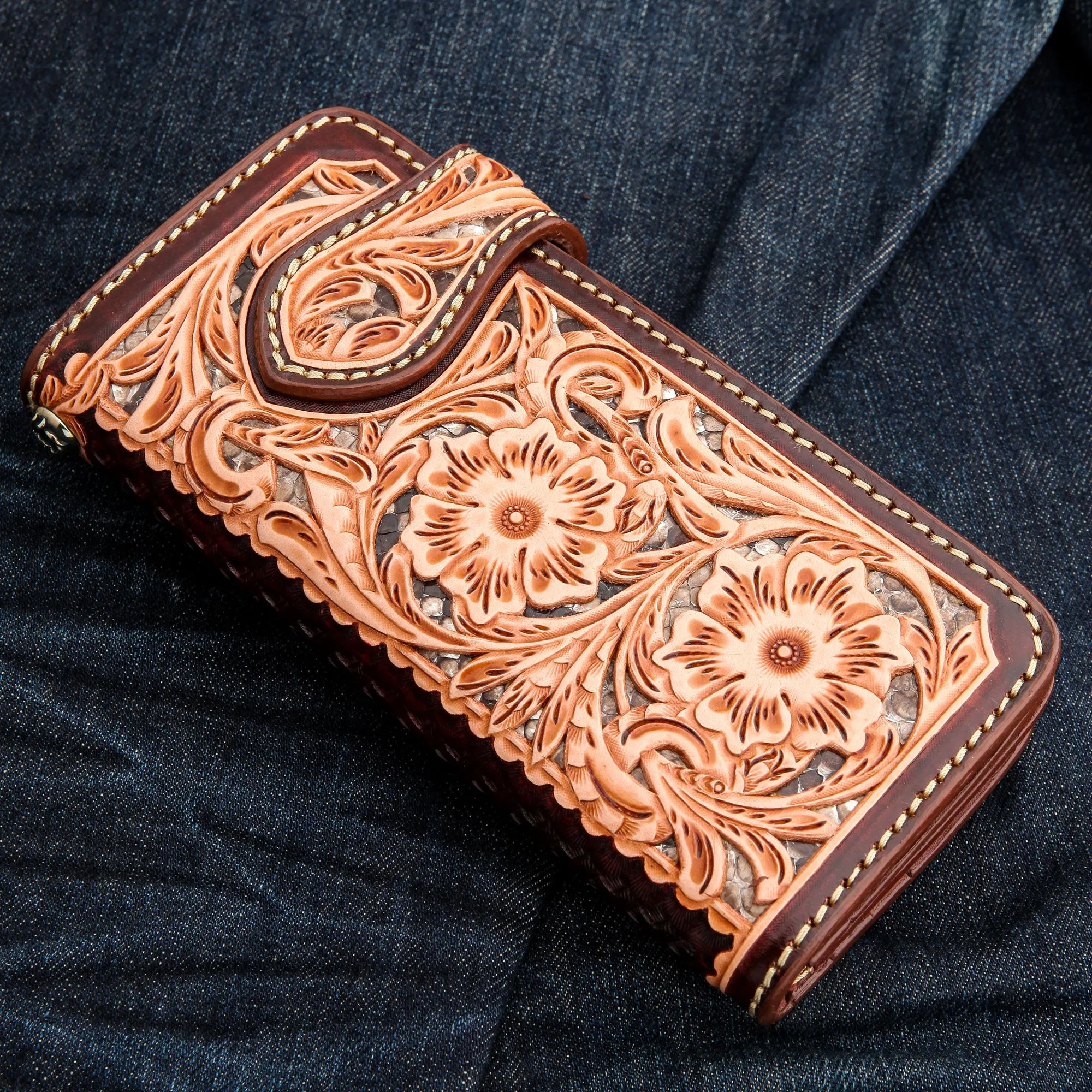 Brown Floral Star Western Cowboy Genuine Leather Biker Wallet