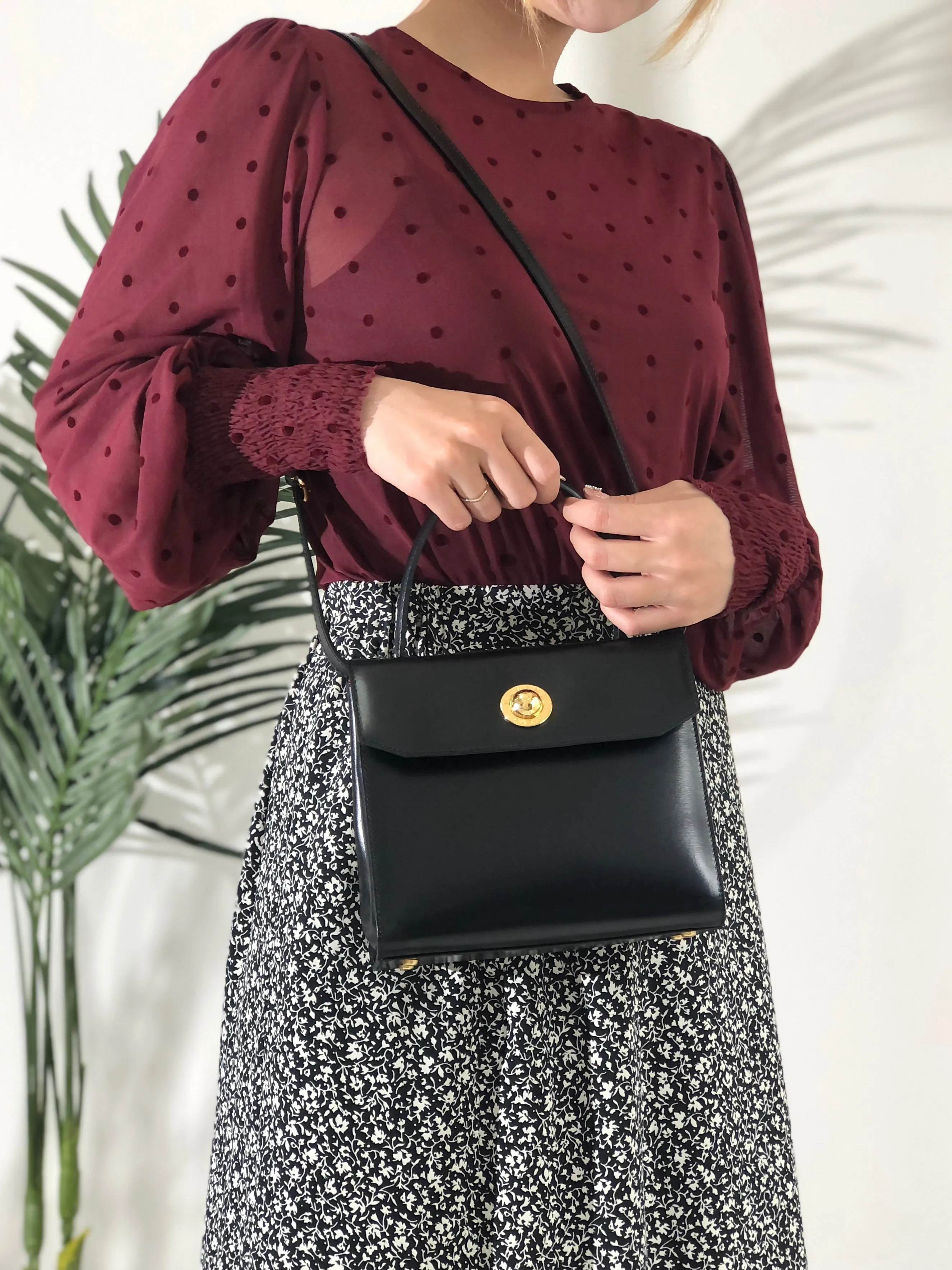 CELINE Starball Leather Two-way Handbag Shoulder bag Black Vintage jrwffj
