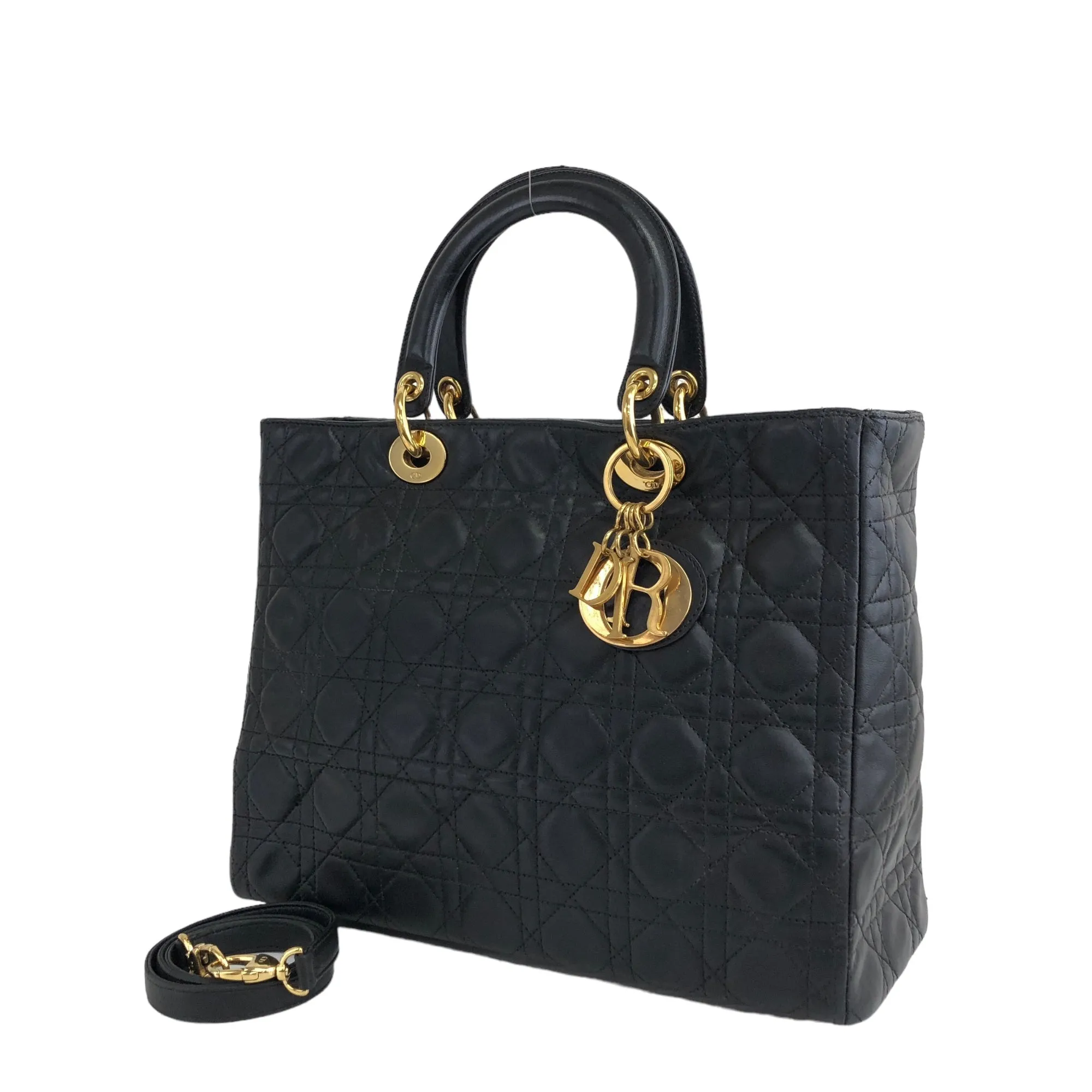 Christian Dior  Cannage CD Logo Charm Leather Two-way Handbag Shoulder bag Black Vintage ycc5cv
