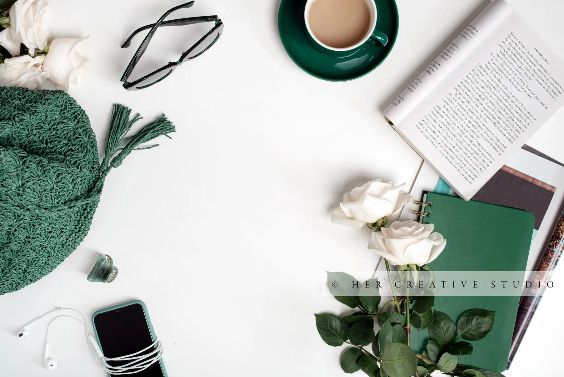 Coffee, Roses & Tote on White Background. Digital Stock Image
