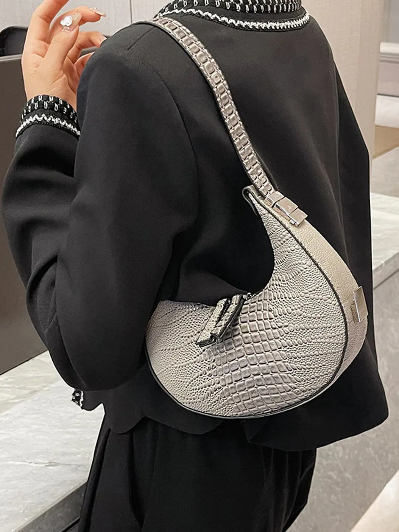 Crocodile Embossed Shoulder Bag - Grey - FD ⚡