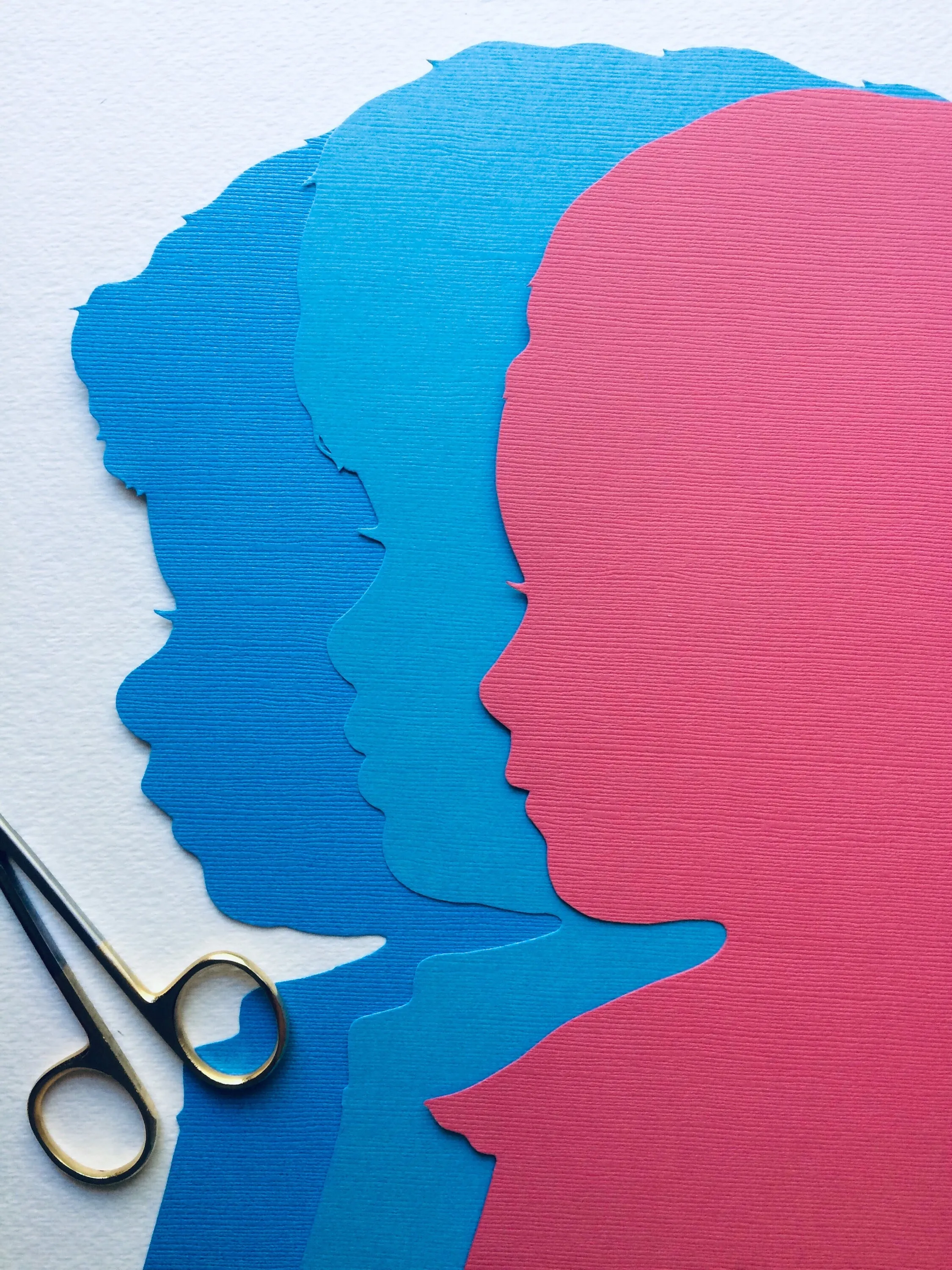 Custom Hand Cut Silhouette Portrait 8 by 10 Art - Pink, Blue, Grey, Purple