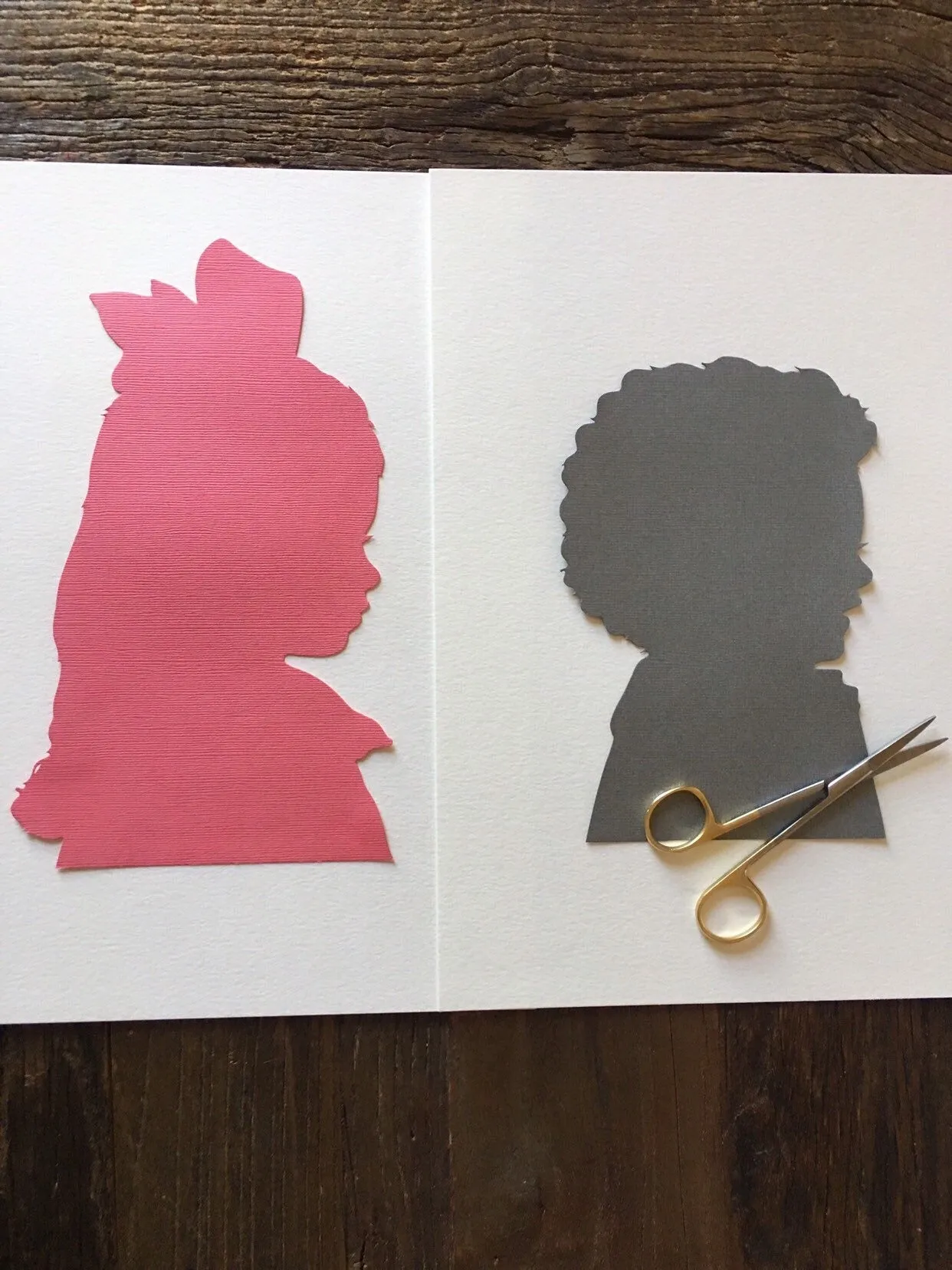 Custom Hand Cut Silhouette Portrait 8 by 10 Art - Pink, Blue, Grey, Purple