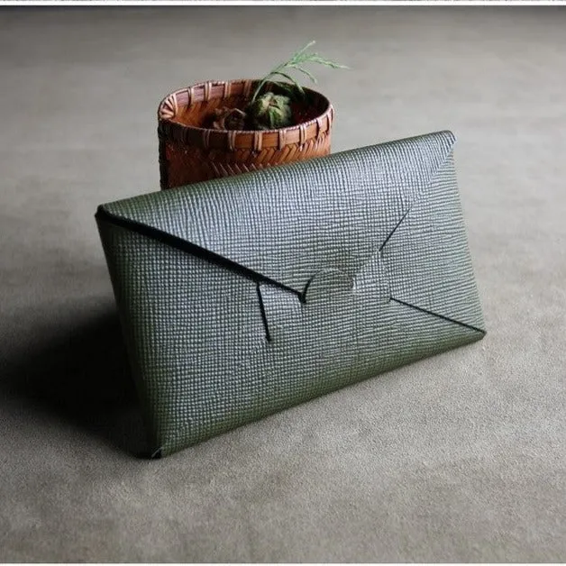 Cute Womens Dark Green Leather Envelope Wallet Slim Clutch Purse Checkbook Long Wallet for Women
