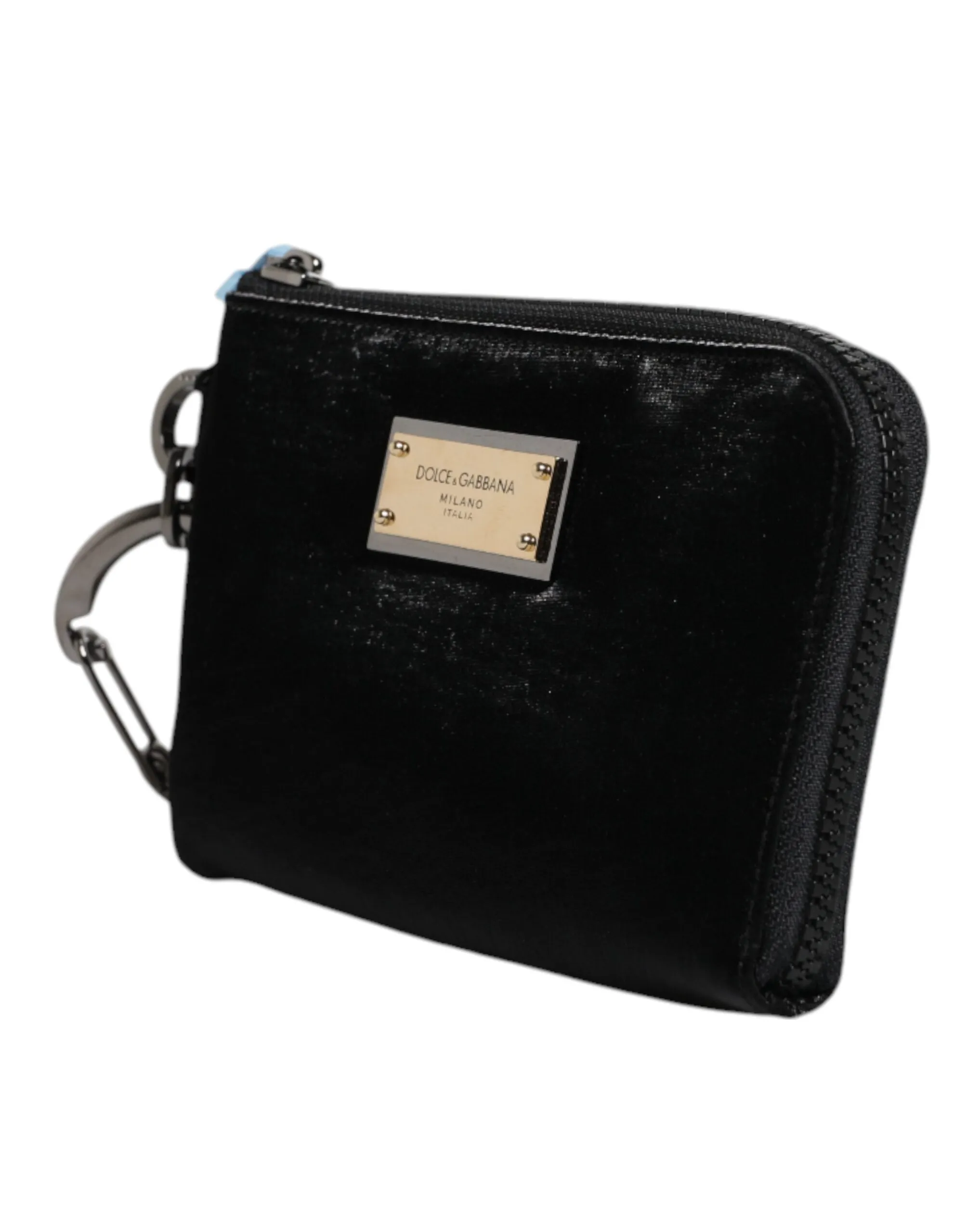 Dolce&Gabbana Women Black Keyring Clutch Nylon Leather Zip Logo Casual Pouch Bag