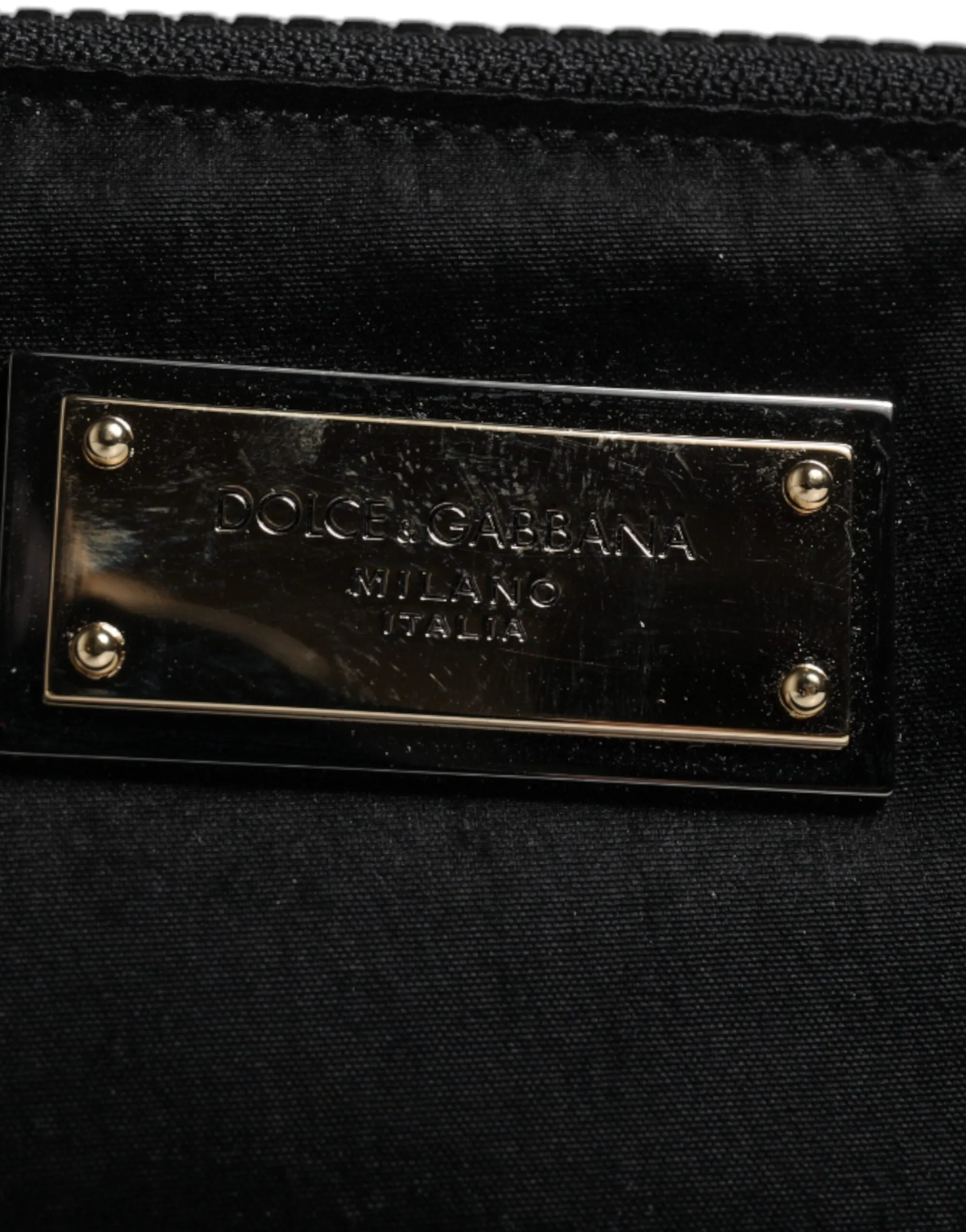 Dolce&Gabbana Women Black Keyring Clutch Nylon Leather Zip Logo Casual Pouch Bag