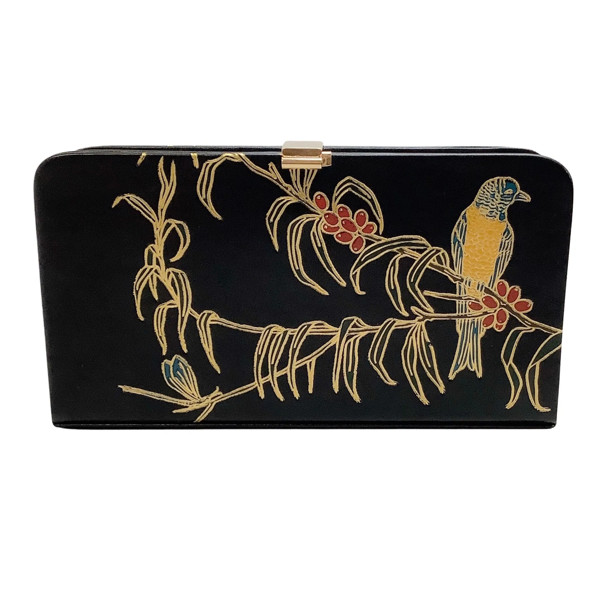 Dries van Noten Black Leather Clutch with Painted Birds