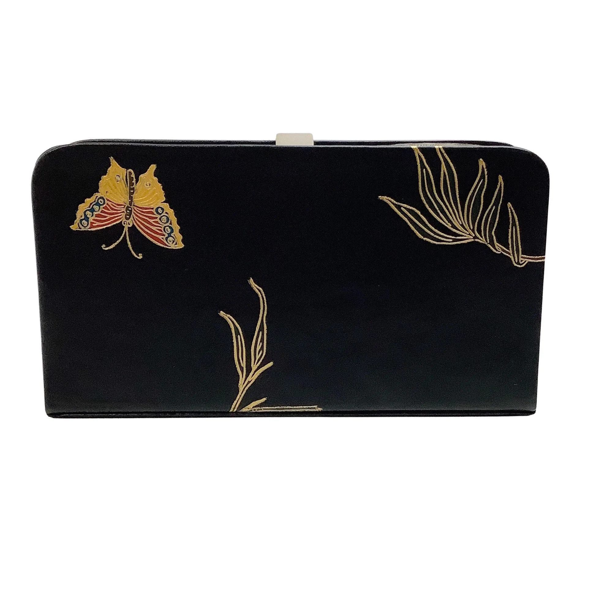 Dries van Noten Black Leather Clutch with Painted Birds