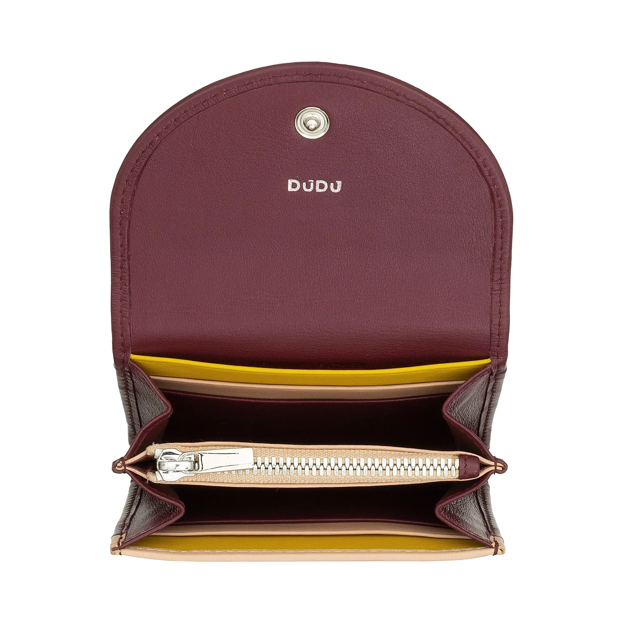 DUDU Mini Women's Slim Portfolio In Vera Leather with Zip holder, button closure, compact colored wallets