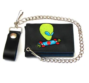 Embroidered Soft Tri-Fold Wallet w/ Chain- Alien Skateboarder