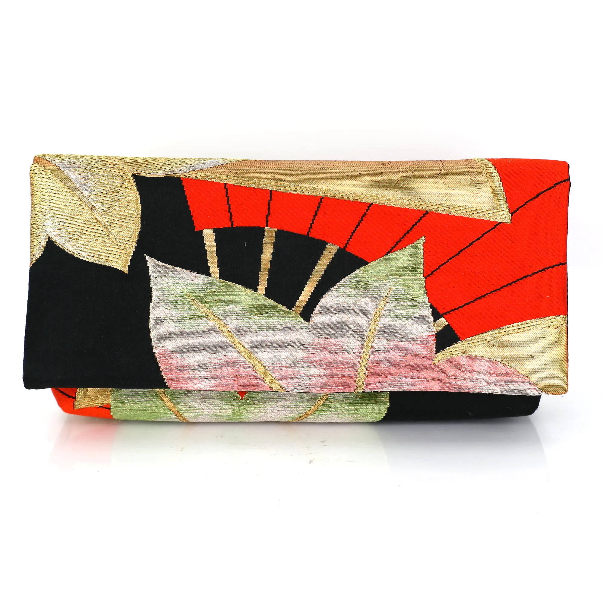 Envelope Clutch with Red Japanese Maple Leaves and Hand Fan | Upcycled Kimono Silk