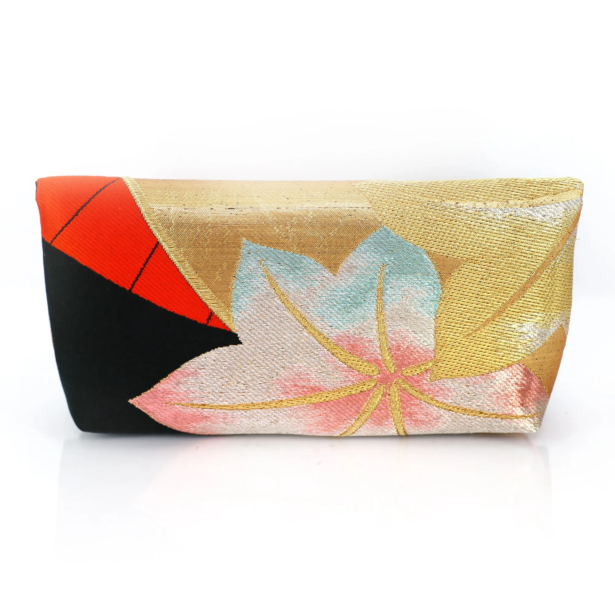 Envelope Clutch with Red Japanese Maple Leaves and Hand Fan | Upcycled Kimono Silk