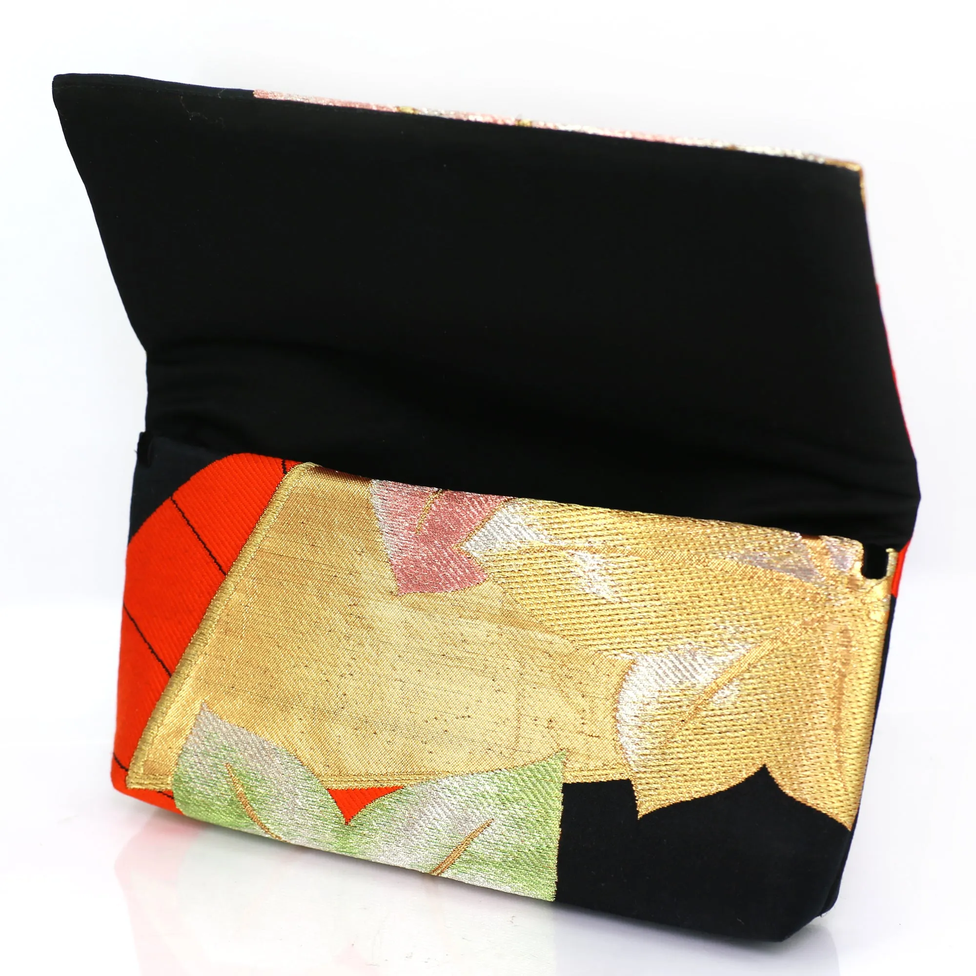 Envelope Clutch with Red Japanese Maple Leaves and Hand Fan | Upcycled Kimono Silk