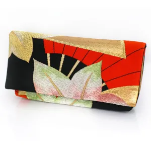 Envelope Clutch with Red Japanese Maple Leaves and Hand Fan | Upcycled Kimono Silk