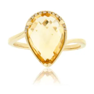 Fancy Cut Pear Citrine and Diamond Halo Ring