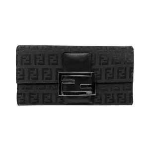 Fendi Zucchino Baguette Black Monogram Logo Bifold Continental Flap Wallet