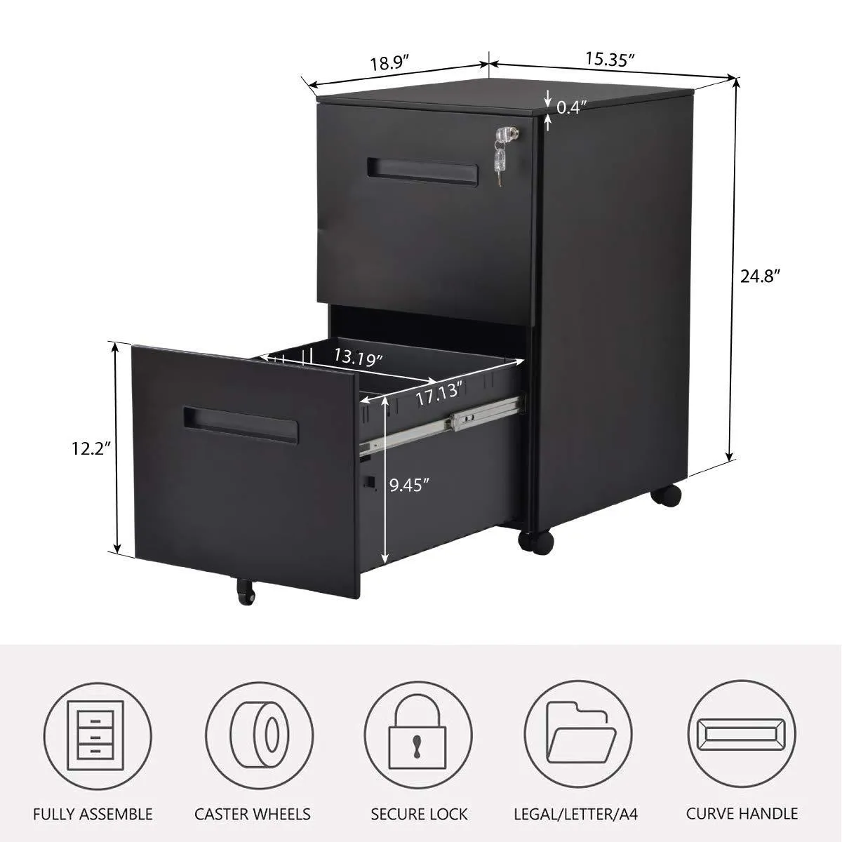 File Cabinet Mobile 2 Drawer Metal Pedestal Filing Cabinets with Lock Key 5 Rolling Casters Fully Assembled Home Office Modern Vertical Hanging Folders A4 Letter Legal Size