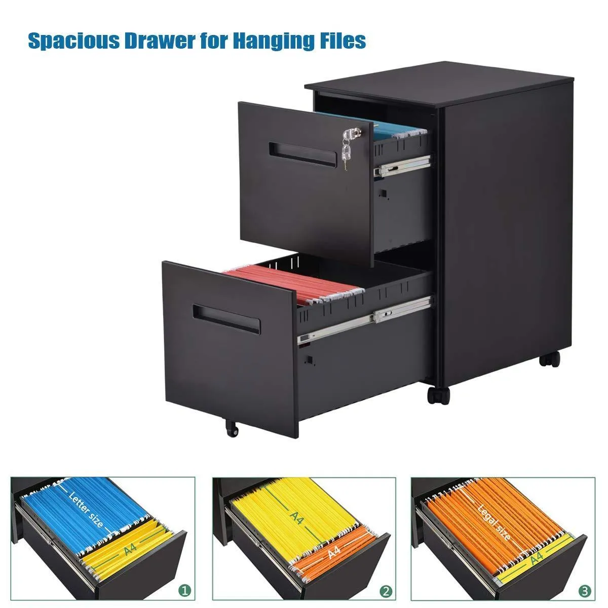 File Cabinet Mobile 2 Drawer Metal Pedestal Filing Cabinets with Lock Key 5 Rolling Casters Fully Assembled Home Office Modern Vertical Hanging Folders A4 Letter Legal Size