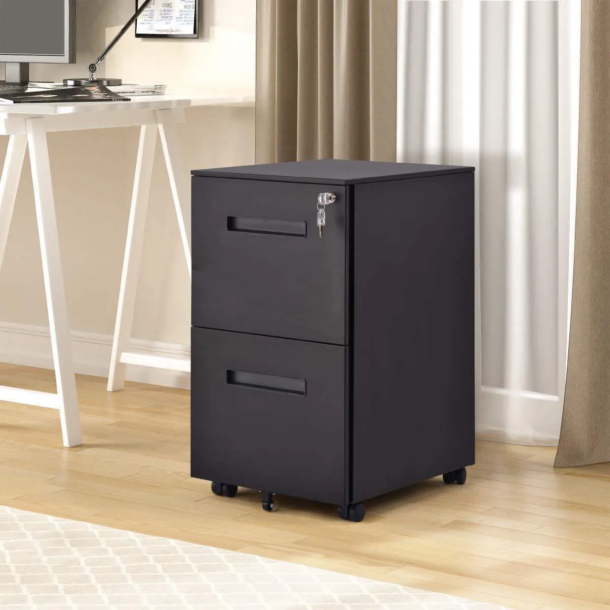 File Cabinet Mobile 2 Drawer Metal Pedestal Filing Cabinets with Lock Key 5 Rolling Casters Fully Assembled Home Office Modern Vertical Hanging Folders A4 Letter Legal Size